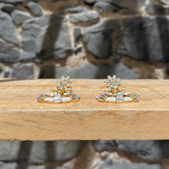 Prada Round Ivory Saffiano Leather Drop Crystal Earrings - Picture 2 of 11